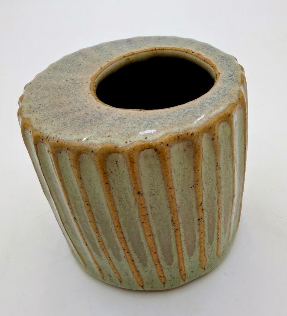 Vintage Ribbed Studio Pottery Bud Vase Brown Drip Glaze 2.5"